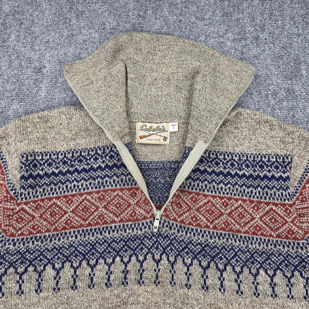 Vintage Cabelas Sweater Mens Large Beige Fair Isle Wool Mock Neck 1/4 Zip Ski - Picture 11 of 16